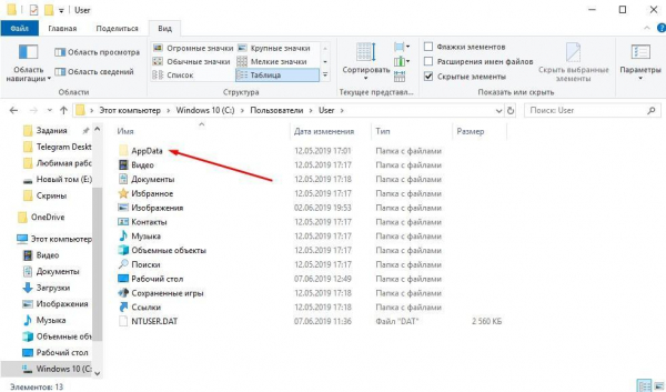Папка AppData в Windows 10