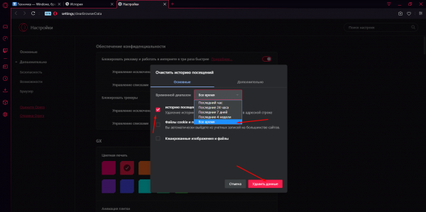 Очищаем кэш и историю в Opera GX